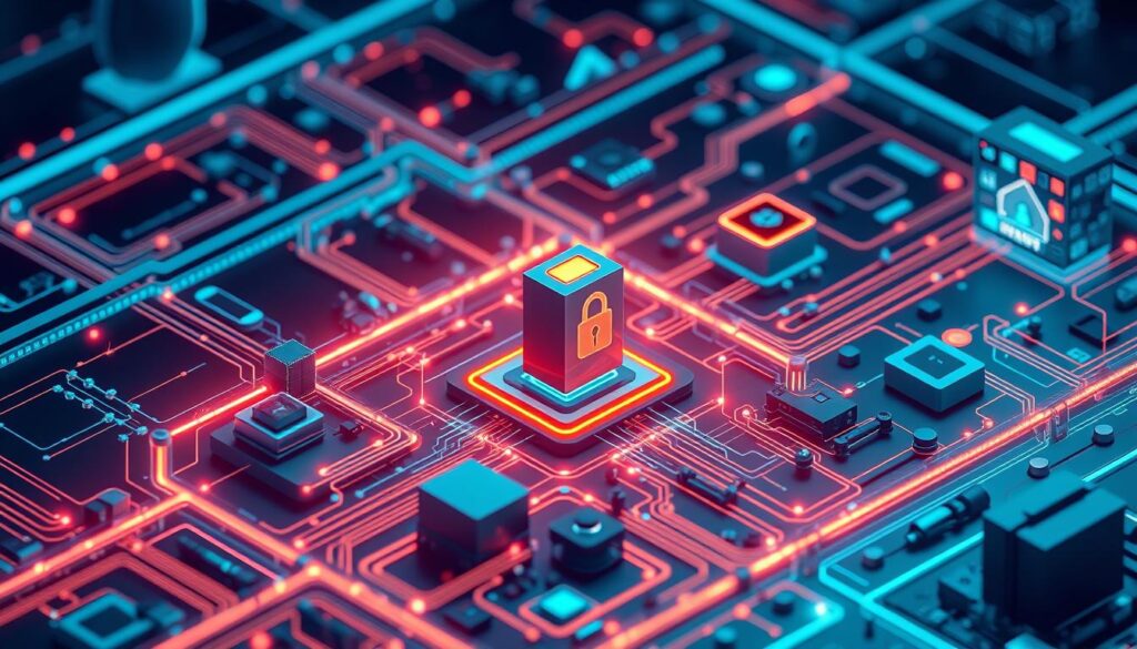 A blockchain-powered digital security landscape, with a central node representing the core blockchain technology. Surrounding it, interconnected iot devices and ai-driven analytics systems, all working in harmony to secure digital assets. The scene is bathed in a cool, neon-tinged lighting, conveying a sense of technological sophistication. The perspective is an elevated, isometric view, allowing the viewer to appreciate the intricate web of integrations. The overall mood is one of innovation, efficiency, and uncompromising digital protection.