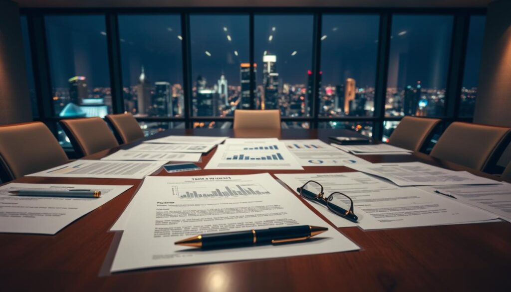 A boardroom table with a neatly arranged spread of legal documents, term sheets, and business contracts. The lighting is soft and warm, creating a professional and serious atmosphere. In the foreground, a pen and a pair of reading glasses rest on top of the papers, suggesting a recent meeting or discussion. The middle ground features various graphs, charts, and financial projections, hinting at the complex deal structures being analyzed. In the background, a large window offers a panoramic view of a bustling cityscape, symbolizing the broader business landscape. The overall composition conveys a sense of thoughtful deliberation and strategic planning around startup funding and investment.