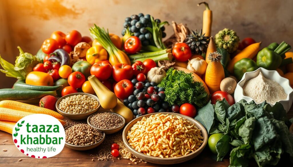 A bountiful table adorned with a variety of fresh, vibrant fruits and vegetables, complemented by whole grains, lean proteins, and a sprinkle of herbs and spices. The scene is bathed in warm, natural light, creating a serene and nourishing atmosphere. In the foreground, a "taaza khabhar hindi" logo subtly graces the scene, signifying the importance of a balanced, wholesome diet for a healthy life. The middle ground showcases the diverse array of nutritious ingredients, each carefully arranged to create a visually appealing and appetizing display. The background softly fades into a muted, earthy tone, allowing the vibrant colors of the food to take center stage. This image captures the essence of a balanced, sustainable diet that forms the foundation of a healthy life.