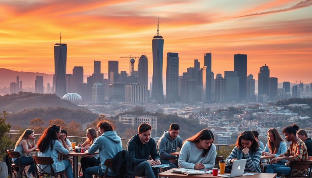 A bustling city skyline with modern high-rises, surrounded by rolling hills and a vibrant sunset sky. In the foreground, a group of young adults engaged in various educational activities - some attending classes in cozy cafes, others collaborating in open workspaces, and a few participating in hands-on workshops. The scene conveys a sense of exploration, innovation, and a departure from traditional classroom settings, reflecting the diverse pathways to acquiring valuable skills and knowledge. Soft, warm lighting illuminates the dynamic, forward-thinking atmosphere, capturing the essence of alternative education in the 21st century.