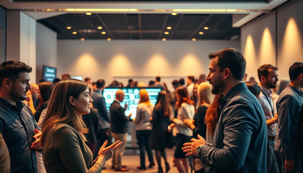 A bustling digital networking event, with professionals mingling and exchanging ideas in a sleek, modern setting. Warm lighting casts a soft glow, highlighting the earnest expressions and animated gestures of the attendees. In the foreground, two individuals lean in, engrossed in an intimate conversation, their body language conveying a sense of rapport and mutual understanding. In the middle ground, a group gathers around a large touchscreen display, collaboratively exploring digital tools and resources. The background features a minimalist, tech-forward decor, with clean lines and subtle technology integrations that create an atmosphere of innovation and connectivity. The overall scene captures the essence of professional networking in the digital age - a harmonious blend of human interaction and technological enablement.
