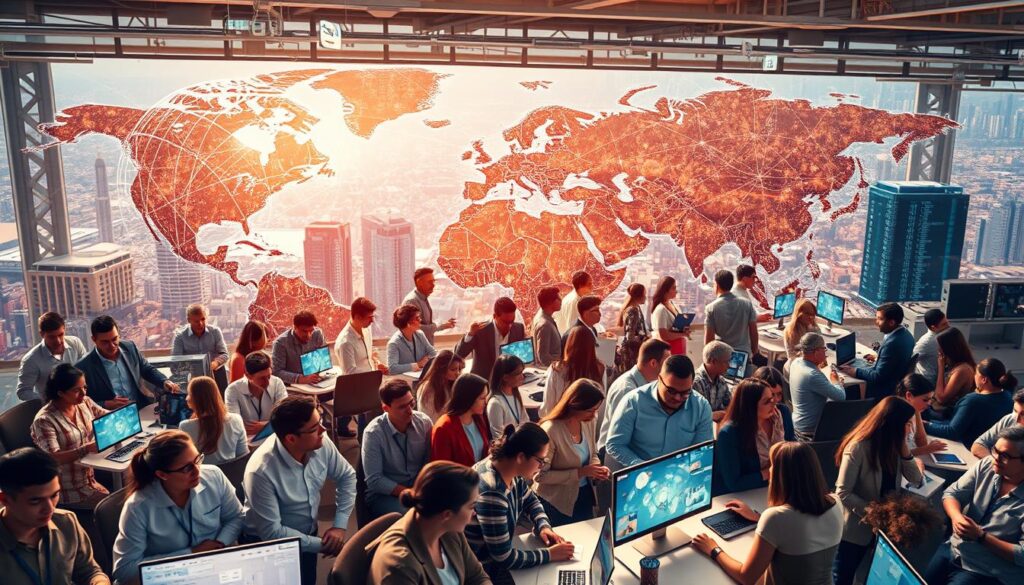 A bustling global landscape with interconnected hubs of diverse workers, representing the growing diversity and internationalization of the modern workforce. In the foreground, a vibrant mosaic of professionals from various ethnicities, ages, and disciplines collaborate in an open-concept office space, illuminated by warm, natural lighting. In the middle ground, holographic displays and ar interfaces showcase emerging technologies shaping the future of work. The background depicts a dynamic cityscape, with skyscrapers and transportation networks symbolizing the borderless nature of the global economy. The overall mood is one of innovation, collaboration, and adaptability - key drivers of the evolving workforce trends that will shape educational demands in the decades ahead.