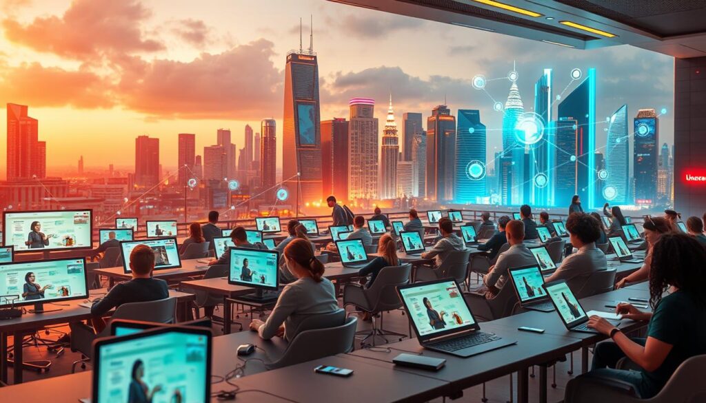 A bustling, high-tech landscape of online learning platforms, captured in a dynamic, forward-looking vision. In the foreground, sleek virtual classroom interfaces, with students engaged in interactive lessons and discussions. In the middle ground, a network of interconnected devices, tablets, and laptops, symbolizing the seamless integration of technology and education. The background features a futuristic cityscape, with towering skyscrapers and glowing holographic displays, hinting at the boundless possibilities of the digital age. Warm, ambient lighting and a vibrant color palette convey a sense of excitement and innovation, setting the stage for the transformative role of online learning platforms in the year 2025.