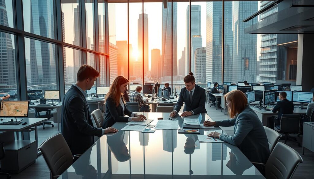 A bustling modern office with professionals collaborating on business services. In the foreground, a group of businesspeople discuss plans around a sleek conference table, bathed in warm, natural lighting from floor-to-ceiling windows. In the middle ground, employees work diligently at their desks, their faces illuminated by the glow of computer screens. The background features a cityscape of towering glass skyscrapers, hinting at the global reach and interconnectivity of the organization. The overall scene conveys a sense of productivity, innovation, and the human element of teamwork essential to the future of work.