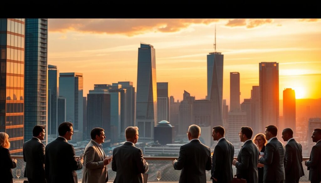 A bustling urban skyline at dusk, towering skyscrapers silhouetted against a fiery orange horizon. In the foreground, a group of well-dressed individuals engaged in animated discussion, surrounded by the trappings of late-stage startup funding - briefcases, documents, and the occasional champagne flute. The scene is bathed in a warm, golden light, conveying a sense of prosperity and high-stakes negotiations. Sleek, modern architecture frames the background, suggesting a thriving, innovation-driven city. The overall atmosphere is one of excitement, ambition, and the anticipation of a landmark deal.