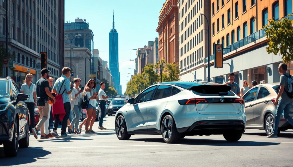 A bustling urban street, filled with the hum of traffic and the chatter of pedestrians. In the foreground, a group of people gather around a sleek, modern electric vehicle, excitedly discussing its features and performance. The vehicle's clean lines and vibrant color draw the eye, while the surrounding environment provides a sense of real-world context. Bright, natural lighting illuminates the scene, casting warm shadows and highlighting the intricate details of the car's design. In the background, a row of towering buildings and a clear, blue sky create a sense of depth and scale, emphasizing the urban setting. The overall mood is one of enthusiasm and engagement, reflecting the user reviews and real-world driving experience that this image aims to capture.