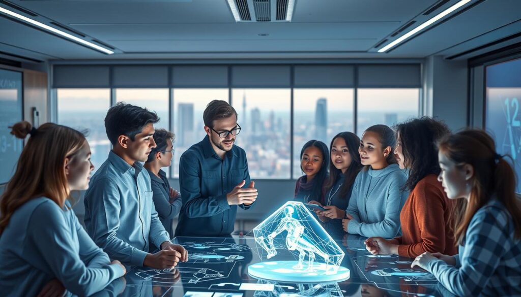 A classroom of the future, where students and teachers engage with holographic displays, interactive whiteboards, and ai-powered learning assistants. The foreground features a diverse group of students, their faces aglow with fascination as they collaborate on a virtual project. In the middle ground, an instructor guides them, their hands gesturing towards a shimmering 3d model. The background reveals a sleek, technology-infused environment, with large windows offering a panoramic view of a futuristic cityscape. Soft, ambient lighting sets a contemplative mood, hinting at the seamless integration of ai and education. The scene conveys a sense of wonder, innovation, and the transformative potential of technology in shaping the educational experiences of tomorrow.