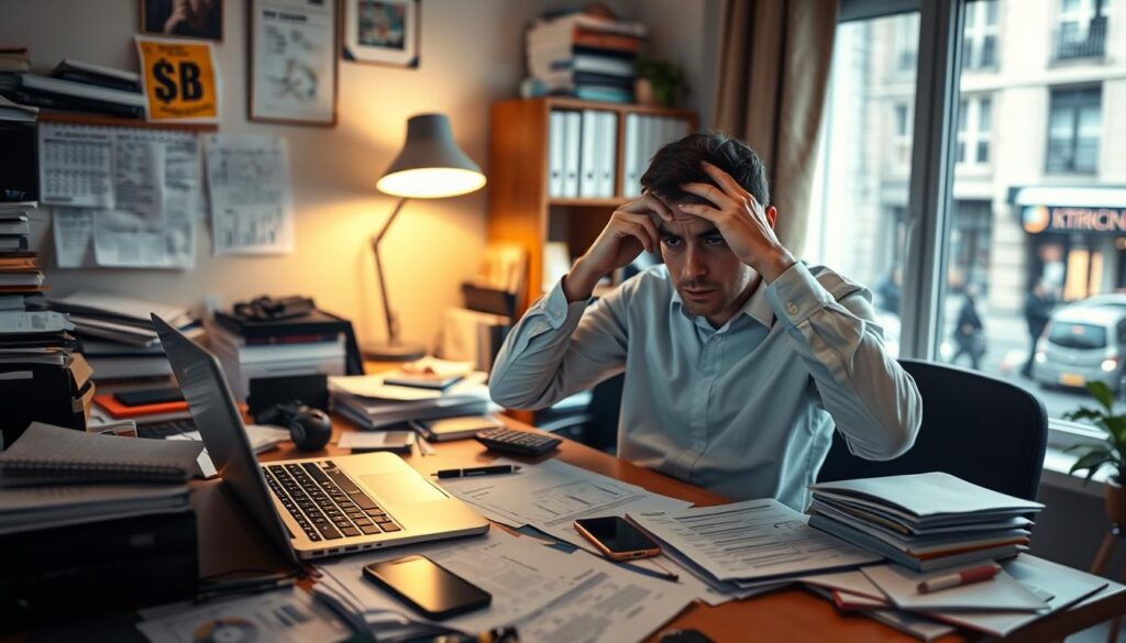 A cluttered home office with a laptop, smartphone, and scattered documents, illuminated by soft, warm lighting from a desk lamp. In the foreground, a frustrated individual rubs their temples, symbolizing the mental strain of navigating online business challenges. The middle ground features a calendar, to-do list, and financial reports, hinting at the multifaceted nature of running an online enterprise. In the background, a window overlooking a busy city street, representing the constant distractions and external pressures faced by online entrepreneurs. The overall atmosphere conveys a sense of overwhelm and the need to find balance and focus amidst the complexities of the digital landscape.