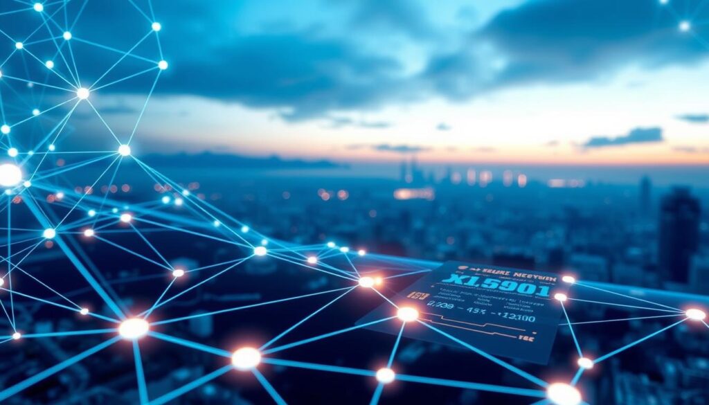 A detailed close-up view of a blockchain network in action, captured with a high-resolution digital camera. The foreground showcases secure digital financial transactions flowing seamlessly through a complex web of interconnected nodes, represented by glowing geometric shapes. The middle ground features a sleek, minimalist user interface displaying real-time transaction data and security metrics. In the background, a serene and futuristic cityscape stretches out, symbolizing the integration of blockchain technology into the modern digital landscape. The overall scene conveys a sense of technological sophistication, reliability, and unwavering security.