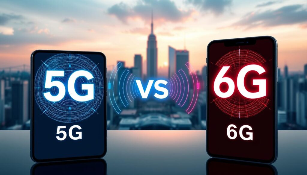 A detailed comparison of 5g and 6g cellular network technologies. In the foreground, two sleek smartphone devices representing 5g and 6g, their displays showcasing contrasting data speeds and connectivity capabilities. In the middle ground, a dynamic visualization of wireless network signals, with 5g waves in blue and 6g waves in red, illustrating the enhanced bandwidth and reduced latency of the next-generation technology. The background features a cityscape with futuristic skyscrapers, hinting at the infrastructure and applications enabled by these advancements in mobile connectivity. Crisp, high-resolution rendering with a cool, technical color palette and dramatic lighting to convey the power and potential of 5g versus 6g.