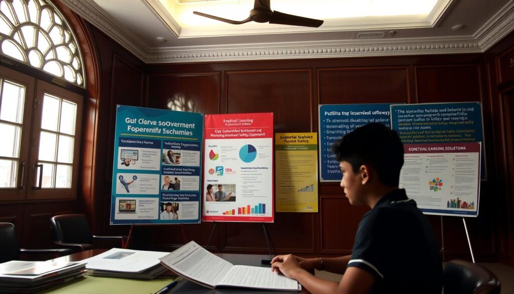 A dimly lit government office interior, with sunlight filtering through ornate windows. In the foreground, a student sits at a desk, studying documents and brochures outlining various educational schemes. The middle ground features a display showcasing scholarship opportunities, vocational training programs, and digital learning initiatives. In the background, a wall-mounted display board highlights key statistics and benefits of these government-backed educational initiatives. The overall atmosphere conveys a sense of earnest dedication to empowering students through accessible, diverse learning pathways.