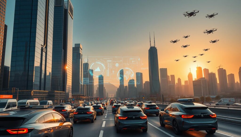A futuristic cityscape with towering skyscrapers, their glass facades shimmering under the soft glow of a golden sunset. In the foreground, a swarm of autonomous vehicles navigates the bustling streets, their sleek, angular designs a testament to the rapid technological advancement. The middle ground features a holographic display, projecting ever-changing data visualizations that hint at the complex interconnectedness of the digital and physical realms. In the background, the horizon is dotted with drones and flying cars, symbolizing the disruption and transformation that is sweeping through the urban landscape. The scene exudes a sense of both awe and unease, capturing the dual nature of technological progress and its far-reaching economic implications.