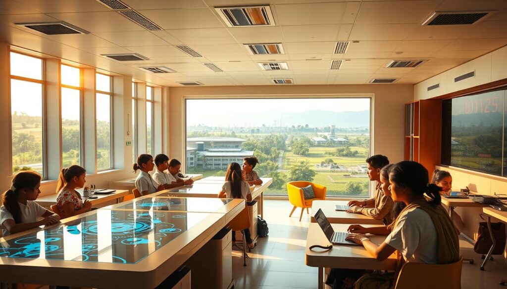 A futuristic classroom in india, bathed in warm, natural lighting that filters through large windows. In the foreground, students of diverse backgrounds engage with holographic displays and interactive digital learning tools. The middle ground features modular, flexible furniture that can be reconfigured for collaborative projects. In the background, an expansive view of a green, sustainable campus with renewable energy infrastructure, blending seamlessly with the natural landscape. An atmosphere of creativity, innovation, and equal access to quality education pervades the scene.