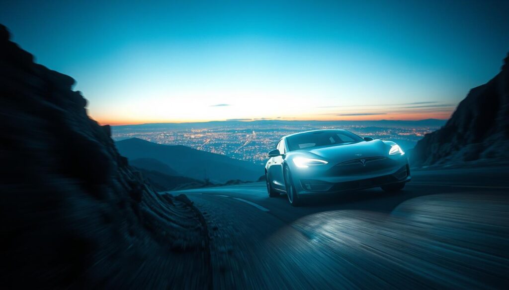 A high-speed electric car accelerating rapidly down a winding mountain road, its sleek body and powerful electric motors propelling it through tight turns with exceptional handling and control. The car's headlights pierce the dusk, casting a dramatic beam of light across the rugged landscape, while the faint glow of the city skyline in the distance provides a captivating backdrop. The scene is captured with a cinematic, low-angle perspective, emphasizing the car's dynamic, performance-oriented nature and the thrill of the driving experience.