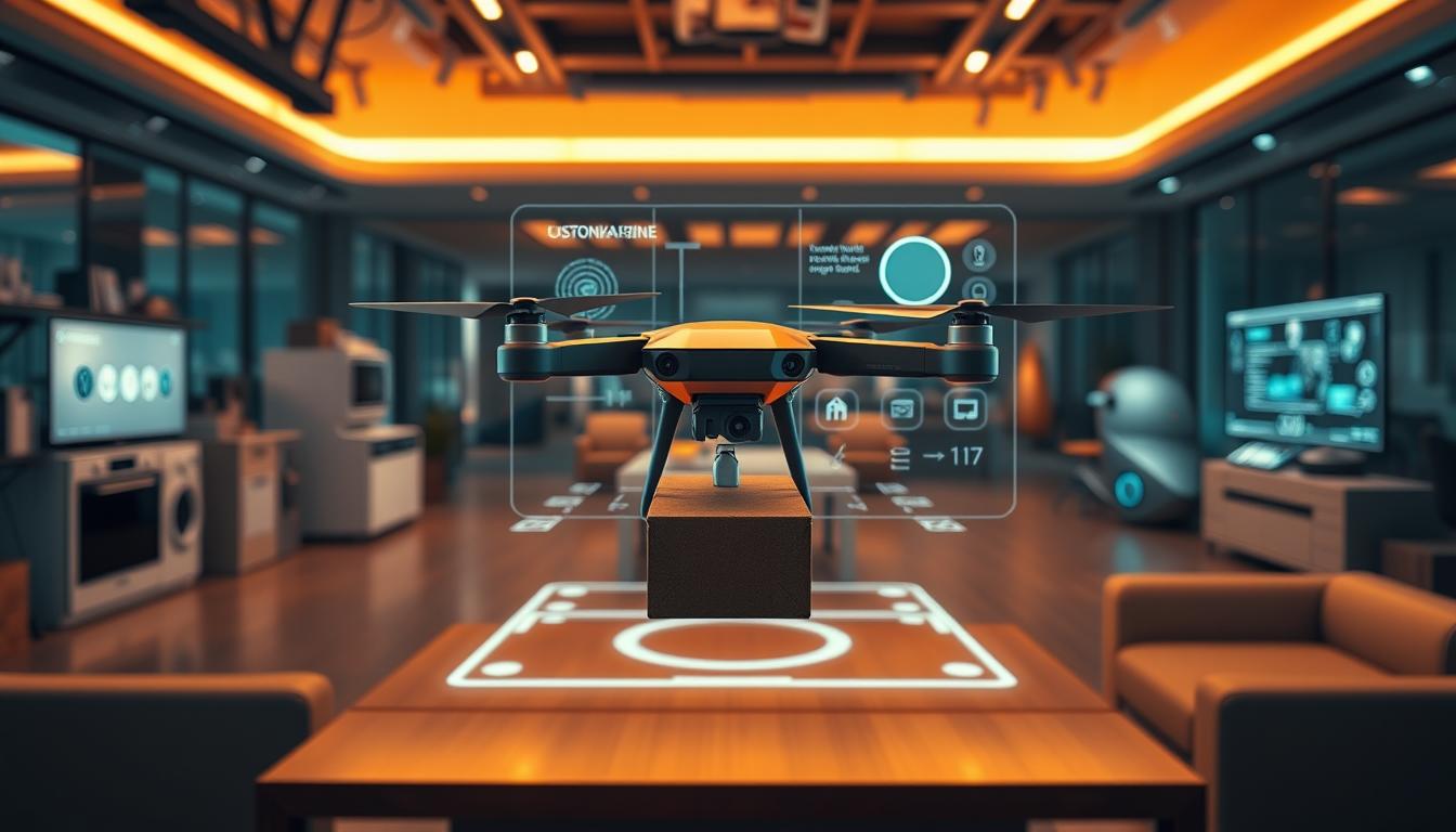 A highly detailed, futuristic scene showcasing an array of smart gadgets that will make life easier in 2025. In the foreground, a sleek, hovering drone carries a package, its sensors and cameras meticulously crafted. In the middle ground, an interactive holographic display projects customizable controls for a smart home system. In the background, a network of interconnected devices, from voice-activated appliances to self-driving vehicles, create an efficient, seamless environment. Warm, ambient lighting casts a futuristic glow, while a subtle metallic and glass aesthetic reinforces the advanced, innovative nature of these cutting-edge smart technologies. The overall mood is one of modern convenience, enhanced by thoughtful design and integrated functionality.
