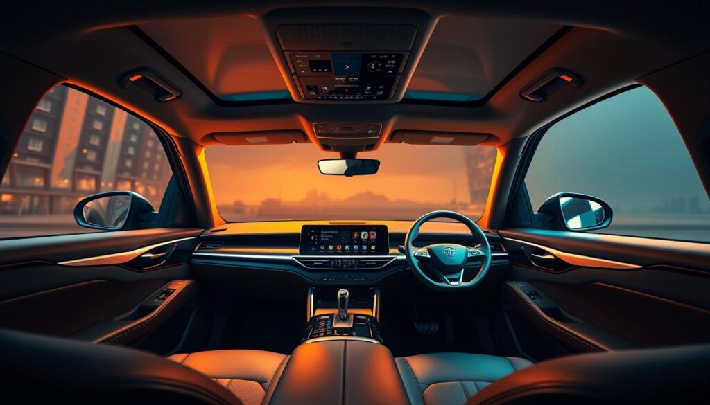 A luxurious, well-appointed interior of the tata harrier ev, showcasing its modern and sophisticated design. The cabin is bathed in a warm, ambient lighting, creating a cozy and inviting atmosphere. The high-quality materials, such as premium leather upholstery and sleek, brushed metal accents, exude a sense of refinement and attention to detail. The large, high-resolution infotainment display dominates the center console, seamlessly integrating the vehicle's advanced technology features. The ergonomic and comfortable seats provide ample support, ensuring a pleasant driving experience. The clean, uncluttered layout and the harmonious blend of form and function highlight the tata harrier ev's commitment to both style and functionality.