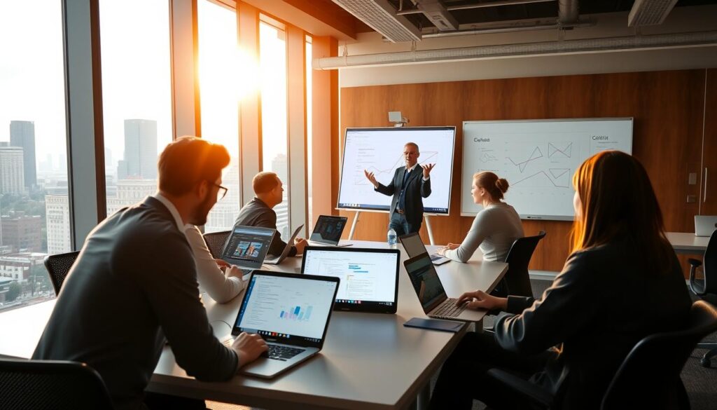A modern, dynamic data science classroom setting. In the foreground, students intently studying analytics dashboards and programming interfaces on their sleek laptops. In the middle ground, an instructor gesturing animatedly while explaining complex algorithms on a large interactive whiteboard. The background features floor-to-ceiling windows offering a panoramic city skyline view, bathed in warm, natural lighting. The atmosphere is one of focused, collaborative learning - the future leaders of data-driven innovation at work.