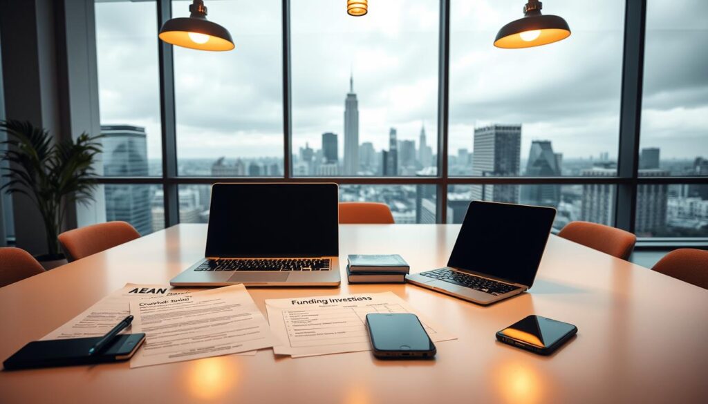 A modern, minimalist office interior with large windows overlooking a cityscape. On the desk, various financial documents, a laptop, and a smartphone display funding options for an online business - crowdfunding, angel investments, small business loans. Warm, diffused lighting from overhead fixtures creates a professional, productive atmosphere. The scene conveys a sense of opportunity, growth, and the potential for a successful online venture.
