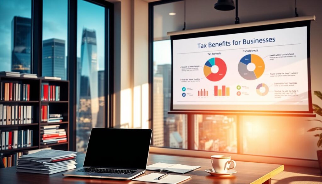 A modern office interior with a large window overlooking a bustling city skyline. The foreground features a neatly organized desk with a laptop, a stack of documents, and a cup of coffee. The middle ground showcases a bookshelf filled with tax and finance-related books. In the background, a projector screen displays a presentation on "tax benefits for businesses," with pie charts and infographics illustrating key tax incentives and deductions. The lighting is warm and natural, creating a professional yet inviting atmosphere. The scene conveys a sense of productivity, expertise, and the importance of understanding tax benefits for businesses.