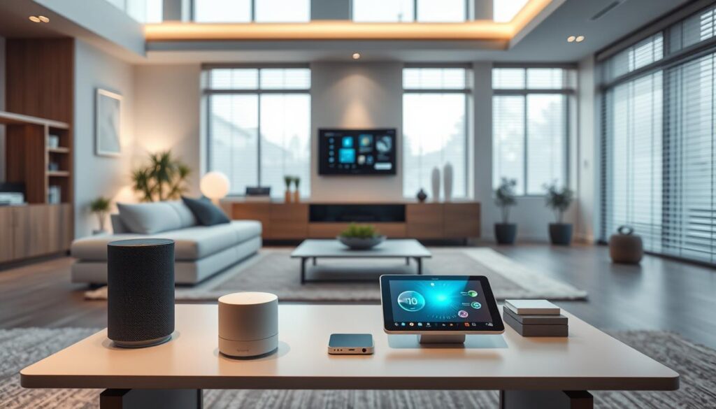 A modern smart home interior with an interconnected ecosystem of devices, gadgets, and intelligent systems. The foreground features a sleek coffee table with a voice-controlled virtual assistant, smart lighting, and a tablet interface. In the middle ground, a wall-mounted touchscreen panel controls heating, security, and entertainment systems. The background showcases large windows with automated blinds, seamlessly integrating the outdoor environment. Soft, diffused lighting and a minimalist, clean aesthetic create a calming, futuristic atmosphere. The scene conveys the harmony and convenience of a fully integrated smart home technology.