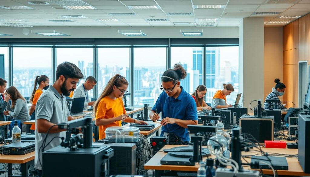 A modern, well-equipped classroom with diverse students deeply engaged in hands-on learning activities. Bright, natural lighting floods the space, creating a warm, inviting atmosphere. In the foreground, students of various ages and backgrounds work collaboratively on sophisticated technical projects, drawing on their specialized skills and knowledge. The middle ground showcases a range of cutting-edge learning tools and technologies, from 3d printers to virtual reality setups, all seamlessly integrated into the educational experience. In the background, a large window offers a panoramic view of a thriving, technology-driven cityscape, hinting at the real-world applications and opportunities that await these skill-focused learners.