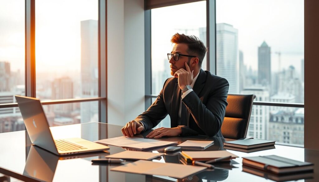 A professional executive sitting at a sleek glass desk, deep in thought, surrounded by a minimalist office space with clean lines and geometric shapes. Warm lighting casts a soft glow, highlighting the executive's pensive expression. In the foreground, a laptop and various office supplies subtly hint at the process of crafting a personal brand strategy. The background features a large window overlooking a bustling cityscape, symbolizing the digital era and the global reach of personal branding.