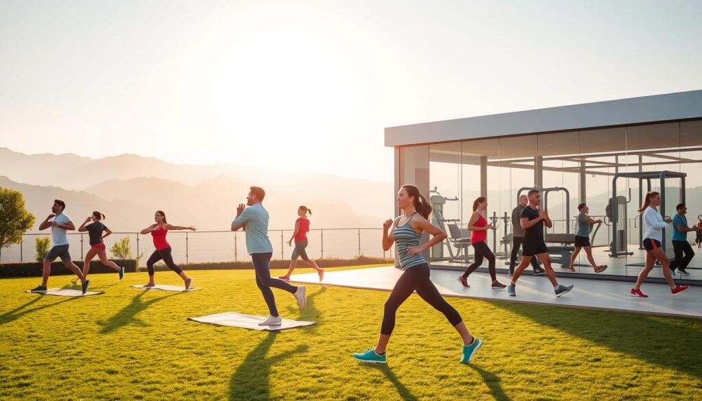 A scenic outdoor setting with a group of active individuals engaged in various fitness activities. In the foreground, a diverse group of people performing yoga poses, stretching, and jogging on a well-manicured lawn. In the middle ground, a modern gymnasium with state-of-the-art fitness equipment and machines, with individuals using them. In the background, a serene mountain landscape, with a bright, warm sun shining down on the scene. The lighting is natural and diffused, creating a serene and inspiring atmosphere. The overall mood is one of health, vitality, and a commitment to an active lifestyle. The image should convey the latest trends in regular exercise and fitness, as highlighted in the "taaza khabhar hindi" article.