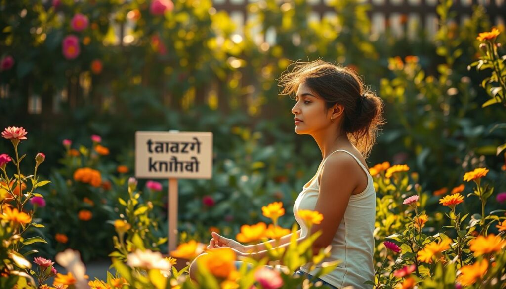 A serene, calming scene depicting mental health. A person sitting in a peaceful, lush garden, surrounded by vibrant flowers and plants. Warm, natural lighting casts a soft glow, creating a sense of tranquility. The person appears to be engaged in mindfulness or meditation, their expression calm and introspective. In the background, a "taaza khabhar hindi" sign is subtly integrated, complementing the scene without drawing too much attention. The overall atmosphere evokes a harmonious, restorative experience, reflecting the importance of mental well-being as an essential part of a healthy life.