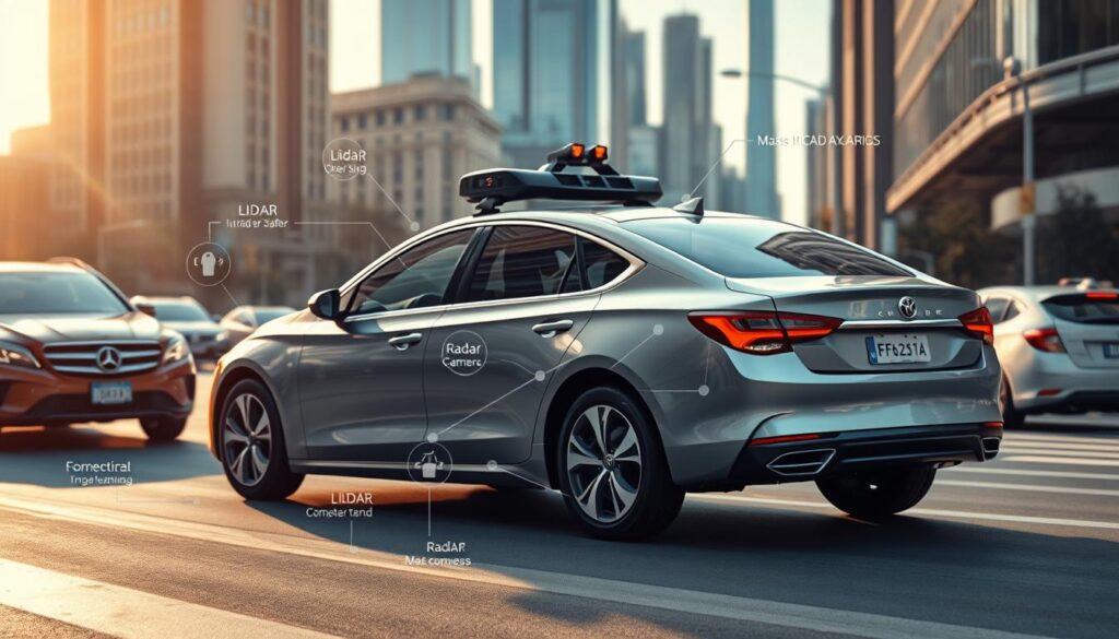 A sleek and modern vehicle on a city street, showcasing advanced safety and adas (advanced driver assistance systems) features. The car is well-lit, with a clean, minimalist design and a metallic finish that reflects the urban environment. In the foreground, various sensors and cameras are visible, including lidar, radar, and cameras, all working together to provide a comprehensive suite of safety technologies. In the middle ground, the vehicle is surrounded by other cars and pedestrians, highlighting the importance of these adas features in a dynamic urban setting. The background features a city skyline, with tall buildings and infrastructure that complements the technological focus of the image. The overall mood is one of confidence and innovation, emphasizing the advancements in vehicle safety and the role of adas in modern transportation.