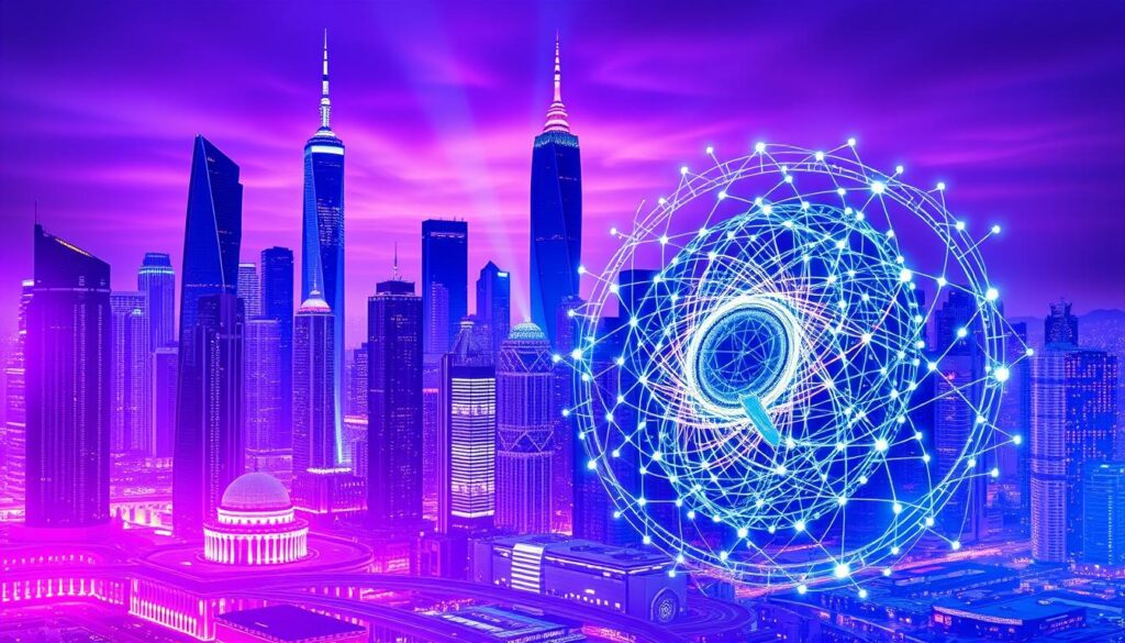 A sleek, futuristic cityscape with towering skyscrapers and gleaming domes, illuminated by a vibrant purple and blue hue. In the foreground, a holographic display showcases intricate quantum computing algorithms, their lines and shapes pulsing with energy. Amidst the cityscape, an advanced ai system is depicted as a swirling vortex of data, its intricate neural networks intertwining with the quantum computing processes. The scene conveys a sense of innovation, technological advancement, and the seamless integration of quantum computing and artificial intelligence, shaping the future of our digital world.