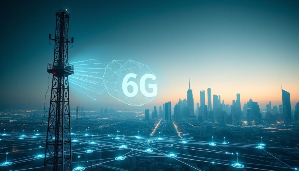 A sleek, futuristic depiction of 6g technology, captured with a wide-angle lens in soft, diffused lighting. In the foreground, a central tower emits a holographic display, showcasing the lightning-fast data transmission and low latency capabilities of the next-generation wireless network. The middle ground features a network of interconnected devices, each communicating seamlessly through high-bandwidth, ultra-reliable 6g connections. In the background, a city skyline with towering skyscrapers symbolizes the ubiquitous coverage and seamless integration of 6g into the urban landscape. The overall mood is one of technological advancement, innovation, and the promise of a hyper-connected future.