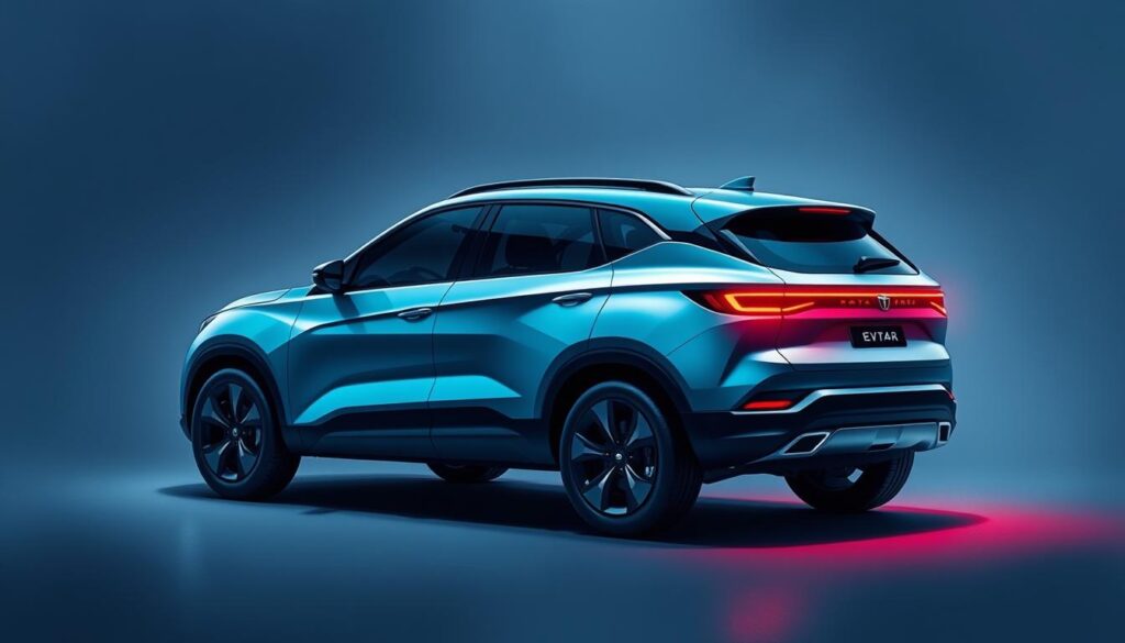 A sleek, futuristic electric suv with a bold, distinctive design. The tata harrier ev stands tall, its aerodynamic body sculpted with precision. The front fascia features a striking grille and slim, angular headlights that emanate a futuristic glow. The side profile showcases elegant, flowing lines and large alloy wheels that convey a sense of power and agility. In the rear, the taillight array creates a mesmerizing visual signature, hinting at the advanced electric powertrain within. The interior is a harmonious blend of technology and premium materials, with a large, high-resolution display commanding the central dashboard. Bathed in a cool, ambient lighting, the cabin exudes a sense of modern luxury and environmental consciousness, perfectly capturing the essence of the tata harrier ev.