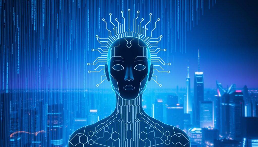 A sleek, minimalist visual representation of artificial intelligence. In the foreground, a faceless, android-like figure composed of interlocking circuits and geometric shapes, radiating an aura of technological sophistication. The middle ground features a backdrop of cascading digital data streams in shades of blue and purple, hinting at the vast computational power and complex algorithms that power ai. In the distance, a futuristic cityscape with towering skyscrapers and glowing neon lights sets the scene, conveying the pervasive integration of ai into the modern world. The image is lit by a cool, ethereal glow, creating an atmosphere of innovation, progress, and the limitless potential of machine intelligence.