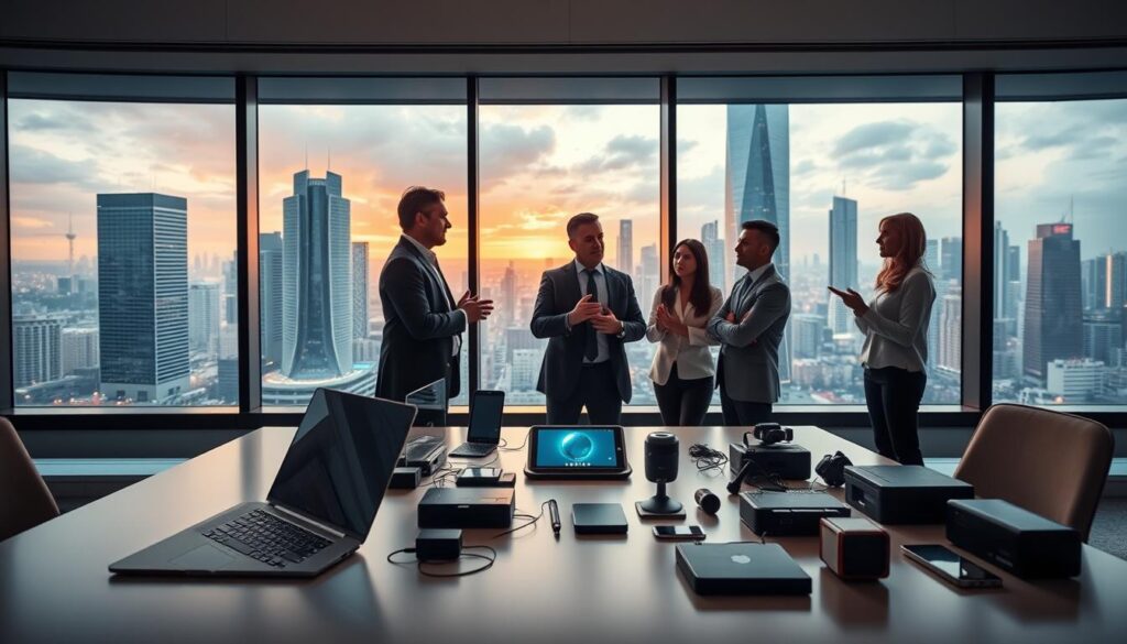 A sleek, modern office setting with a large panoramic window overlooking a bustling cityscape. In the foreground, a desk featuring a laptop, tablet, and an array of high-tech gadgets and prototypes. The lighting is warm and diffused, creating a contemplative atmosphere. In the middle ground, a team of professionals in business attire are engaged in animated discussion, gesturing towards the various devices and renderings on the desk. The background features towering skyscrapers and a vibrant, futuristic skyline, hinting at the cutting-edge nature of the technologies being evaluated. The overall scene conveys a sense of innovation, collaboration, and the careful consideration of emerging technologies.