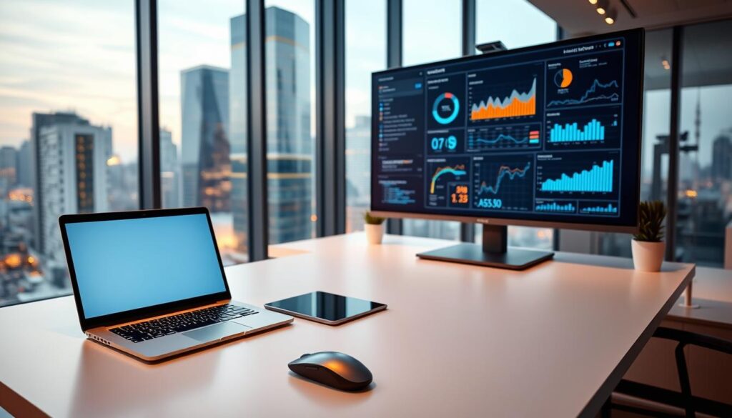 A sleek, modern office space with clean lines and minimalist design. In the foreground, a stylish desk with a high-end laptop, wireless mouse, and tablet, all in a neutral color palette. Behind it, a large monitor displays various business analytics dashboards and productivity software. Warm, indirect lighting illuminates the scene, casting a professional and focused ambiance. In the background, floor-to-ceiling windows overlook a bustling cityscape, symbolizing the integration of technology and the modern business landscape. The overall impression is one of efficiency, innovation, and the seamless intersection of work and technology.