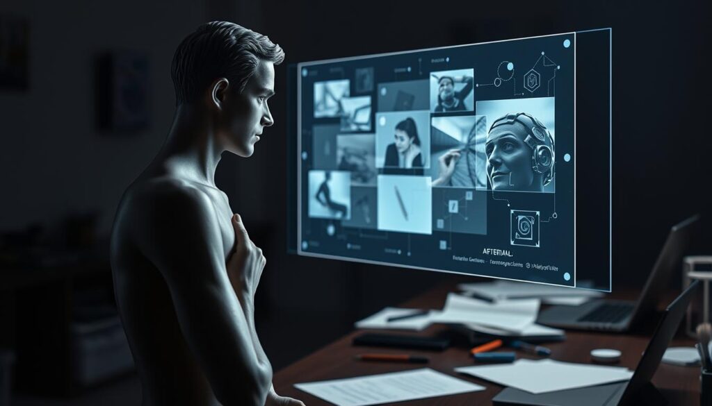 A thoughtful and contemplative scene depicting the ethical considerations in ai content creation. In the foreground, a lifelike human figure ponders a translucent holographic display showcasing ai-generated images, with a furrowed brow and a hand raised in a gesture of contemplation. The middle ground features a desk strewn with papers, pens, and a laptop, hinting at the creative process. The background is dimly lit, with a sense of depth and atmosphere, evoking a contemplative and introspective mood. The lighting is soft and diffuse, creating a sense of depth and atmosphere. The overall composition suggests the complex relationship between ai and human creativity, and the need to approach ai-assisted content creation with ethical considerations.