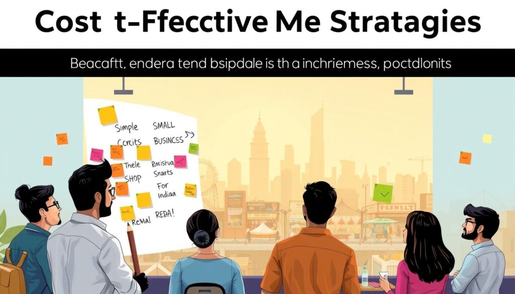 A vibrant and dynamic illustration showcasing cost-effective marketing strategies for a small business in india. In the foreground, a diverse team of entrepreneurs brainstorming ideas, surrounded by colorful sticky notes and a whiteboard with simple yet impactful slogans. In the middle ground, a city skyline with bustling streets and markets, conveying the energy and opportunities of the indian startup ecosystem. In the background, a warm, golden-hued lighting creates a sense of optimism and possibility. The overall composition emphasizes the power of collaboration, creativity, and resourcefulness in building a successful small business on a limited budget.