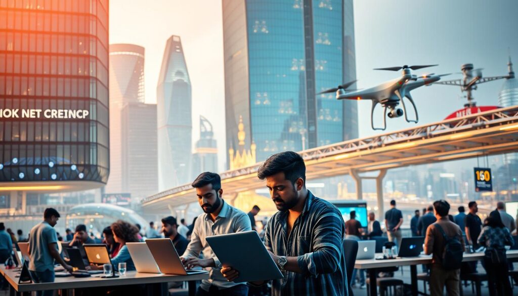 A vibrant and dynamic startup hub in urban india, with a futuristic skyline of gleaming glass towers and cutting-edge architecture. In the foreground, young entrepreneurs gesticulate animatedly over laptops and tablets, surrounded by the latest tech gadgets and prototypes. The middle ground showcases a bustling coworking space, filled with the hum of activity and collaboration. In the background, a network of smart city infrastructure - autonomous vehicles, drones, and iot sensors - seamlessly integrate technology into the fabric of everyday life. Warm, diffused lighting casts an aspirational glow, capturing the energy and innovation that defines india's burgeoning startup ecosystem.