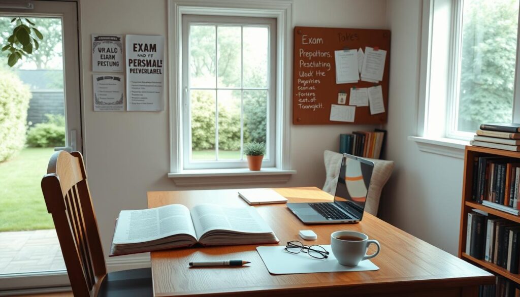 A well-lit, cozy study space with a wooden desk, a comfortable chair, and a large window overlooking a tranquil garden. On the desk, an open textbook, a laptop, a cup of coffee, and a pair of reading glasses. Soft, diffused natural light fills the room, creating a serene, focused atmosphere. The walls are adorned with motivational posters and a corkboard displaying exam preparation notes and schedules. A bookshelf in the corner holds a collection of reference books. The overall scene conveys a sense of diligence, organization, and a conducive environment for dedicated exam preparation.
