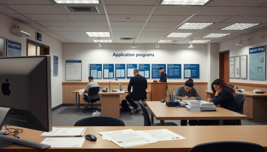 A well-lit government office interior, with a clean, modern aesthetic. In the foreground, a desk with a computer and papers, representing the application process. Middle ground features individuals at desks, filling out forms and interacting with officials. The background showcases informative wall displays and signage guiding the application flow. Soft, diffused lighting creates a calm, approachable atmosphere, conveying the accessibility of government support programs. The composition emphasizes efficiency, professionalism, and a streamlined application experience.