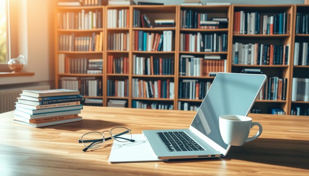 A well-lit study area with a large wooden desk, a modern laptop, and a stack of textbooks. In the background, a bookshelf filled with a variety of educational resources, from reference guides to academic journals. The room is bathed in warm, natural light, creating a cozy and inviting atmosphere. On the desk, a pair of reading glasses and a cup of coffee, suggesting a focused and productive learning environment. The overall composition conveys a sense of order, diligence, and the availability of high-quality educational tools to support academic success.