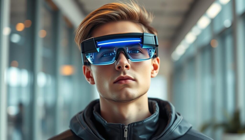 An image representing futuristic smart wearables, including augmented reality glasses and smart clothing.