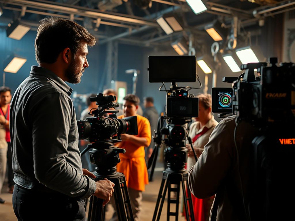 Behind the scenes of a bollywood film set with director and crew