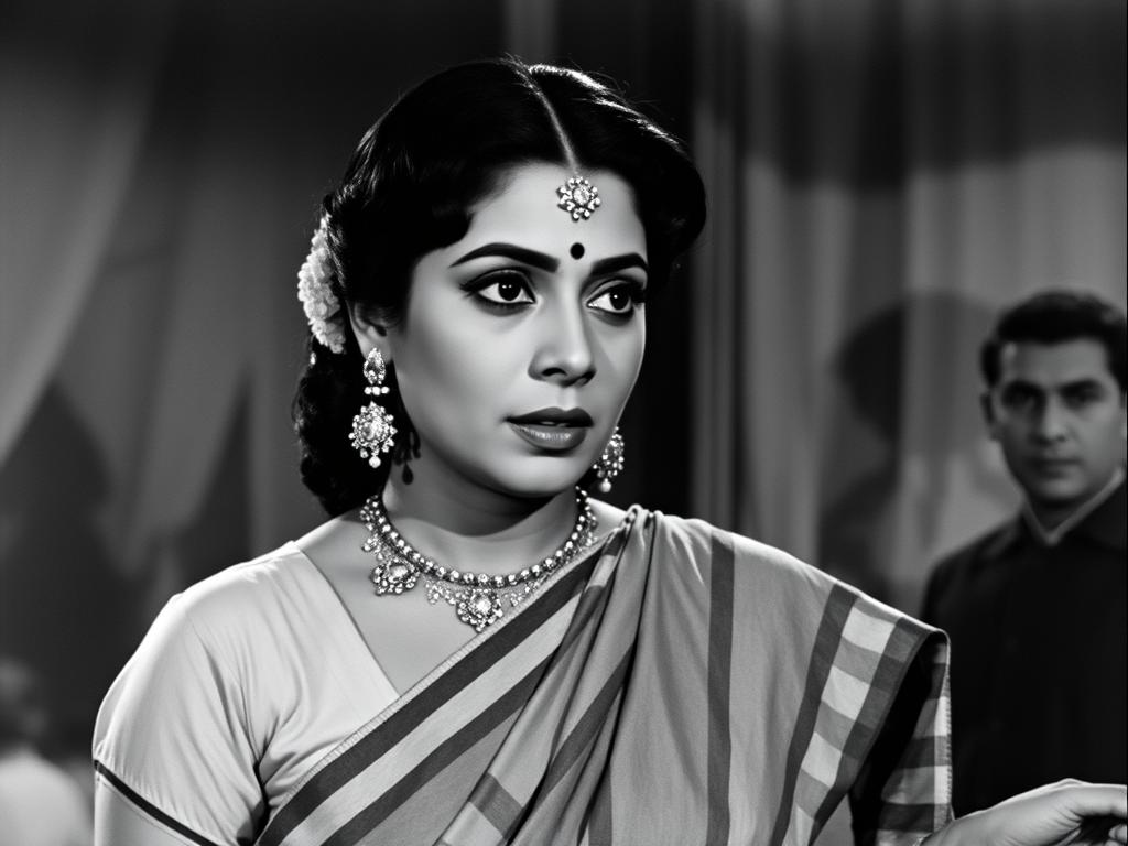 Black and white scene from classic bollywood movie mother india