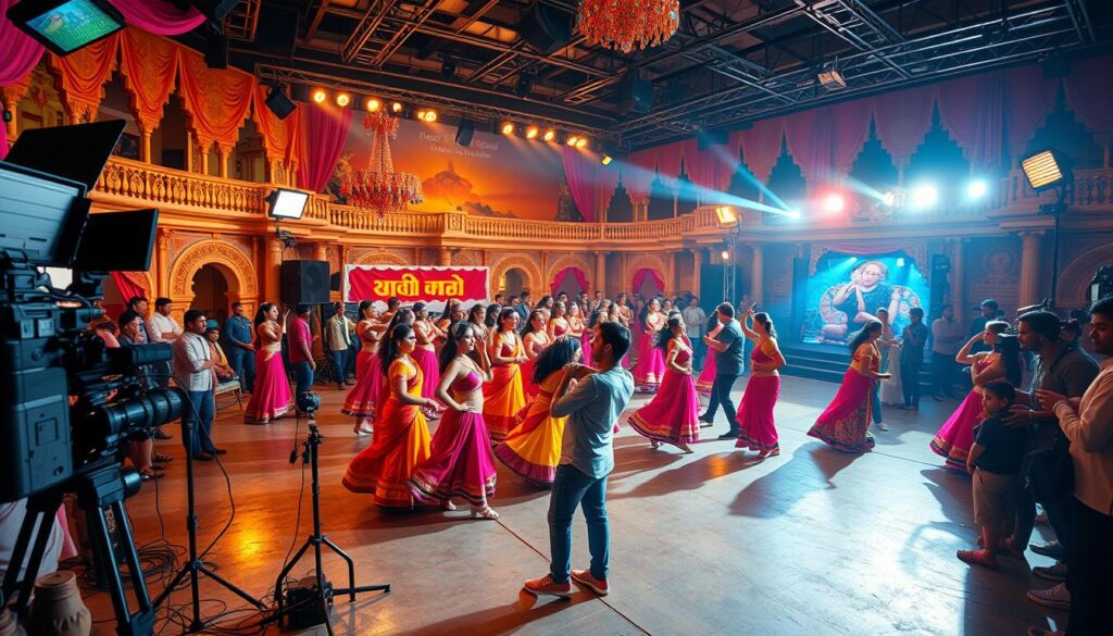 Colorful bollywood film set with dancers, lights, and cameras