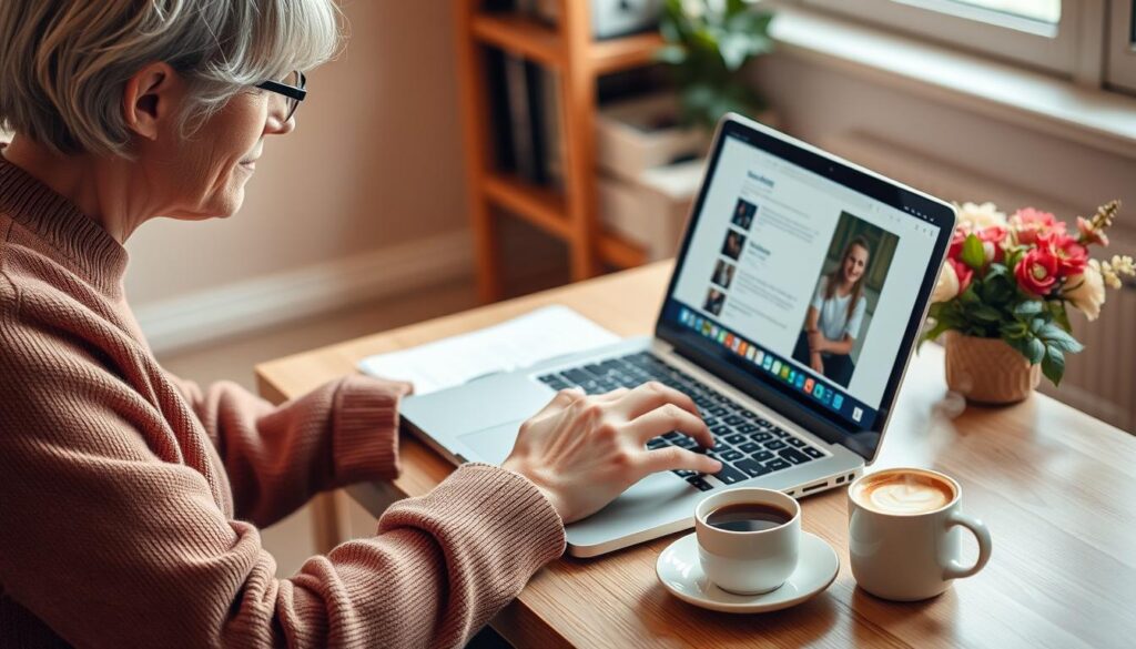 Create an image of a person blogging on a laptop with a cup of coffee nearby
