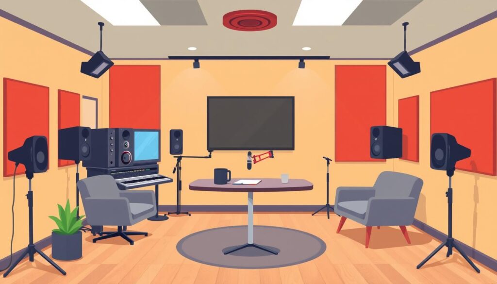Depict a podcast recording studio with professional equipment