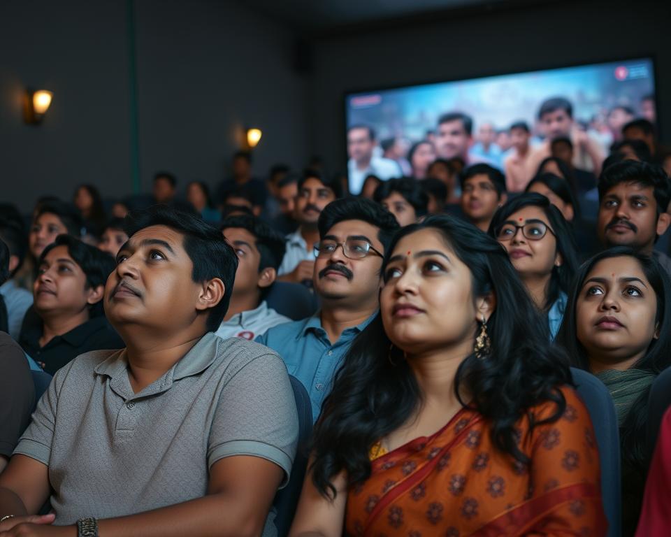 Diverse audience watching a bollywood film in theater