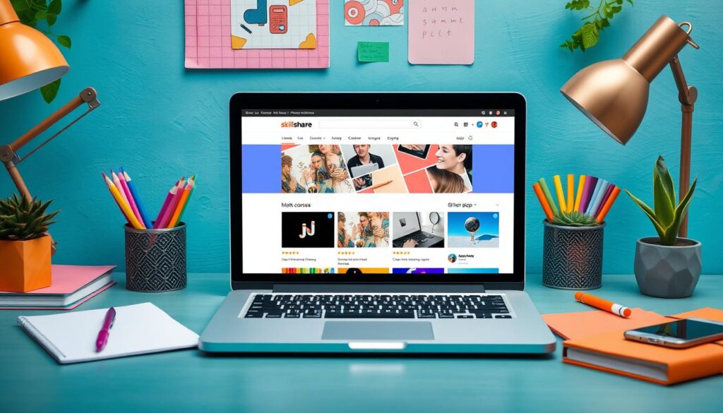 Generate an image of a creative workspace with a laptop displaying skillshare courses.