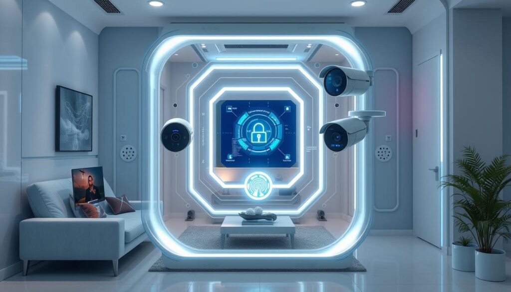 Generate an image of a futuristic home security system with biometric authentication and smart monitors.